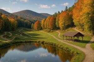 Scenic Vermont autumn landscape with colorful fall foliage, pond reflection, and mountain views near a rustic pavilion