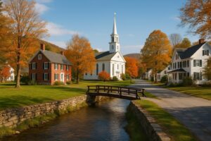 Charming New England village with white church steeple, historic houses, and autumn foliage by a stream