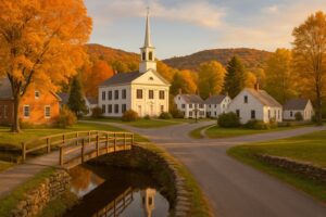 Picturesque Vermont village with white church steeple, historic homes, and colorful autumn foliage at sunset