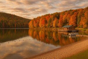 Vermont lake with sandy beach, boathouse, and colorful autumn foliage reflecting on the water