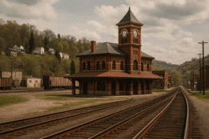 Historic Vermont train station with red brick architecture and railroad tracks leading into scenic hills