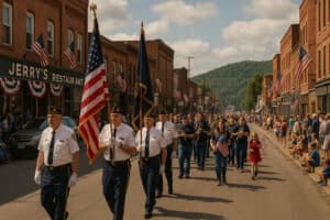 Vermont small-town parade with veterans marching, American flags, and historic brick buildings lining the street