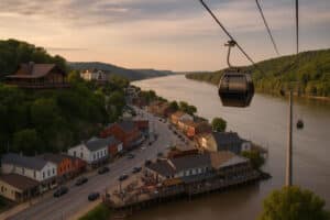 Aerial gondola ride over a Vermont riverside town with historic buildings and scenic mountain views