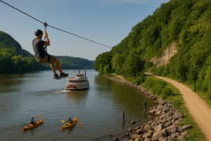 Traveler ziplining over a Vermont river with kayakers below and tour boat passing through scenic green hills