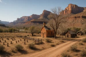 Old Vermont ghost town with wooden chapel, rustic cabins, and desert cliffs in the background