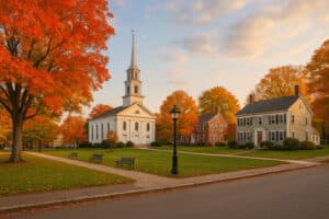 Quaint Vermont town square with white church, historic houses, and vibrant autumn foliage