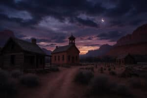 Vermont ghost town at dusk with abandoned chapel, wooden cabins, and moonlit sky over rugged cliffs
