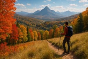 Hiker on a Vermont mountain trail overlooking colorful autumn foliage and scenic peak views