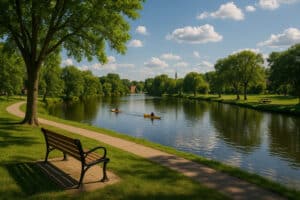 Peaceful Vermont riverside park with walking paths, benches, and kayakers on the water under a sunny sky
