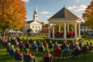 Vermont town festival with people gathered on the green, gazebo concert, and white church surrounded by autumn foliage