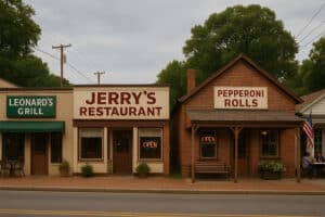 Historic Vermont small-town restaurants including Jerry’s and Leonard’s Grill with classic storefronts