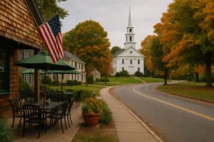 Quaint Vermont village street with outdoor café seating, American flag, and white church steeple framed by autumn foliage