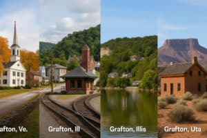 Collage of Grafton towns in Vermont, Illinois, and Utah showing church, train depot, riverside, and historic ghost town buildings