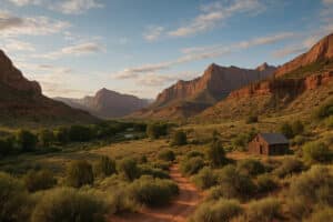 Remote Vermont ghost town landscape with rustic cabin, desert valley, and red rock mountains at sunset