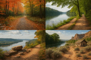 Scenic Vermont hiking trails showing autumn forest paths, riverside views, mountain overlooks, and rustic cabin landscapes