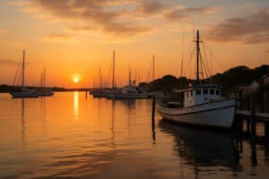 Ocracoke Island fishing and boating traditions at Silver Lake Harbor sunset