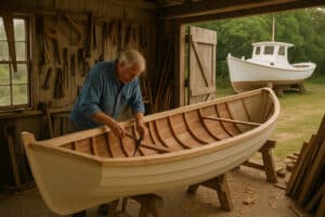 Ocracoke craftsman building a traditional wooden boat in a workshop