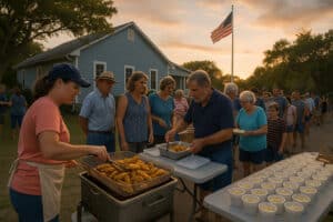 Ocracoke community fish fry serving fresh local seafood at sunset