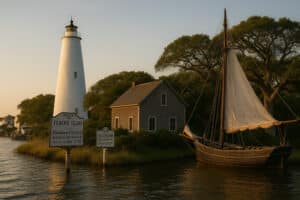 Ocracoke Lighthouse and keeper&rsquo;s house beside a traditional sailing ship at Silver Lake Harbor on Ocracoke Island at sunset.