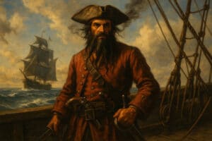 Historic painting of a pirate captain on deck with a sailing ship, symbolizing Ocracoke Island&rsquo;s pirate legends.&rdquo;