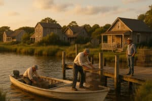 Fishermen unloading crab pots from a small skiff at a village dock on Ocracoke Island at sunset.