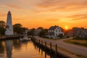 Sunset over Silver Lake Harbor with Ocracoke Lighthouse, docks, and village homes on Ocracoke Island.
