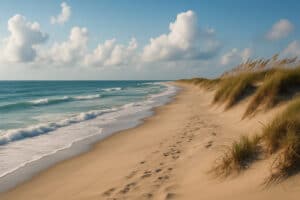 Footprints on a sandy beach with dunes and gentle waves on Ocracoke Island, North Carolina.