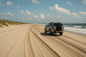 4x4 vehicle driving on the sandy beach beside ocean waves on Ocracoke Island, North Carolina.