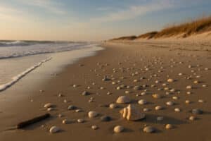 Seashells scattered on the wet shoreline at sunrise on Ocracoke Island beach, North Carolina.