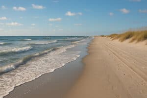 Wide sandy beach with gentle waves, dune grass, and ORV tracks on Ocracoke Island, North Carolina.