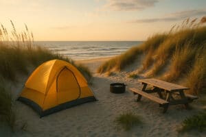 Yellow camping tent on sandy beach dunes with a picnic table at sunset, ocean waves in the background.