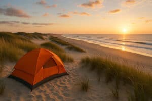 Orange tent set up on sandy dunes overlooking the ocean at sunrise on the beach.