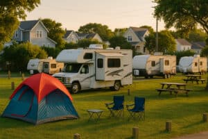 Campground with RVs, tent, and picnic tables in a grassy area near village homes at sunset.
