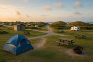 Blue tent set up on grassy campground with picnic tables, fire pits, and RVs in the background near the beach.