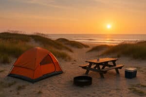 Orange tent and picnic table on sandy beach dunes at sunset with ocean waves in the background.