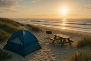 Blue tent and picnic table on sandy beach at sunrise with ocean waves in the background.