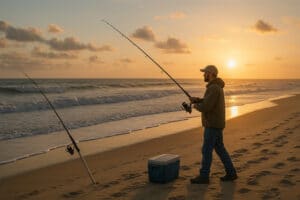 Man surf fishing on sandy beach at sunrise with fishing rods and cooler by the ocean waves.