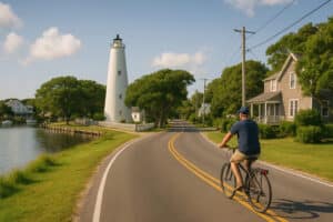 Cyclist riding down village road toward Ocracoke Lighthouse on a sunny day.
