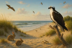 Osprey perched on driftwood at a sandy beach with rabbits, crabs, and seabirds at sunset.