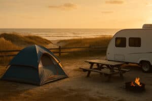 Tent, camper, and campfire by the beach at sunset with picnic table overlooking the ocean.
