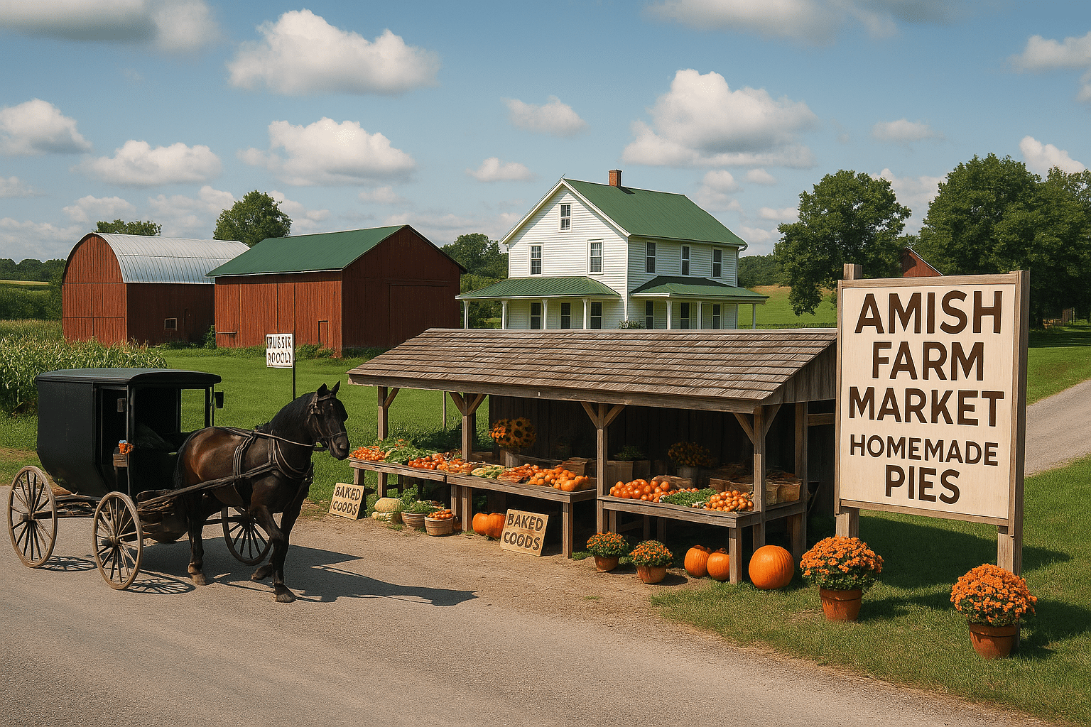 Amish farm market in a rural Finger Lakes setting with horse-drawn buggy, wooden roadside stand of fresh produce, pumpkins, and a farmhouse in the background.