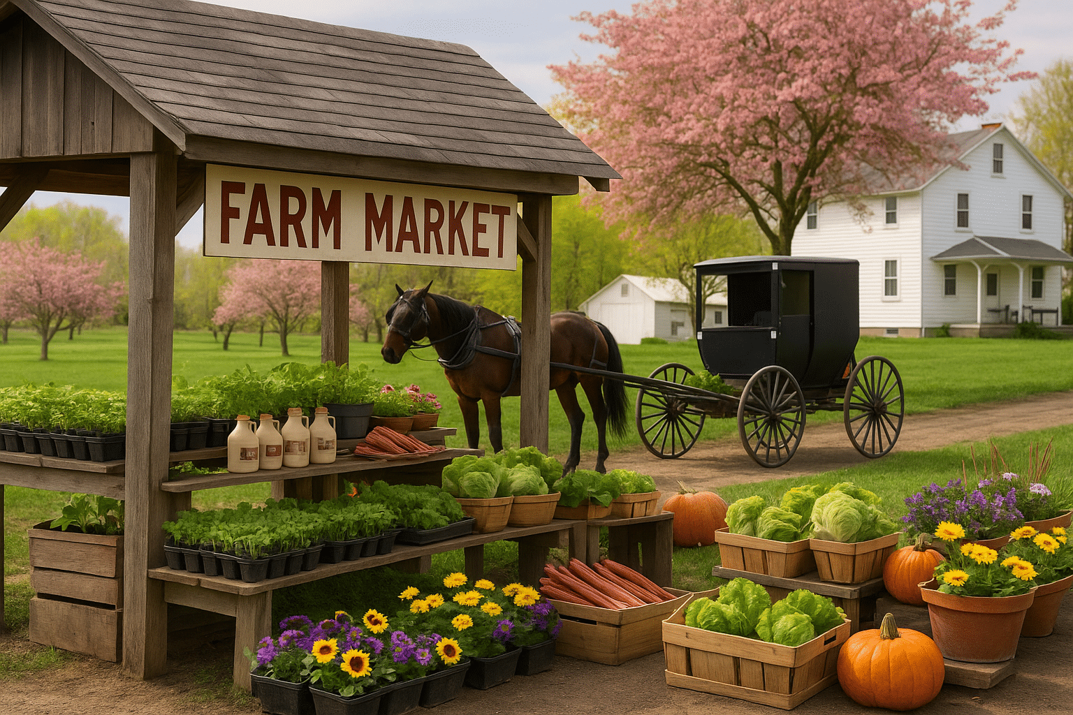 Amish spring farm market in the Finger Lakes with seedlings, maple syrup jugs, rhubarb, lettuce, and flowers, with a horse-drawn buggy and farmhouse in the background.