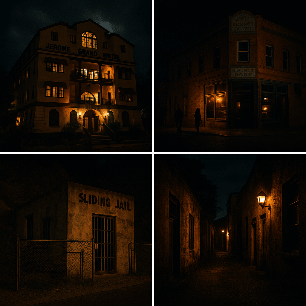 A collage of four nighttime photographs showcasing Jerome’s haunted landmarks—the glowing Jerome Grand Hotel, the Connor Hotel and Spirit Room corner, the eerie Sliding Jail, and a shadowy Cribs District alley lit by vintage lamps.