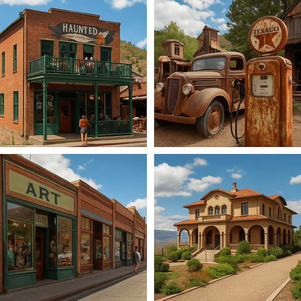 A collage of four photographs captures Jerome, Arizona’s hidden gems—Haunted Hamburger restaurant, Gold King Mine with antique trucks, Nelly Bly Art Gallery, and Douglas Mansion at Jerome State Historic Park.
