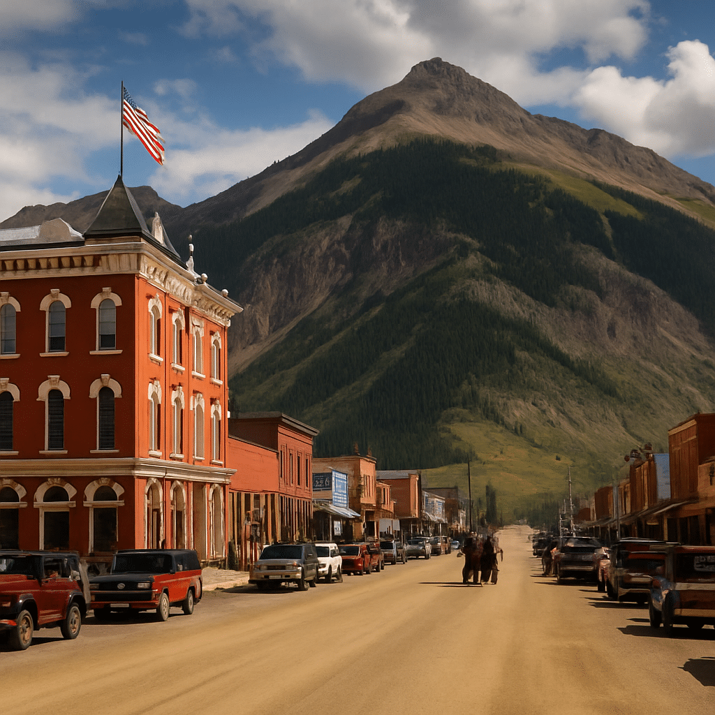 A daytime view of Silverton, Colorado, showing colorful historic buildings with wooden boardwalks, nestled in a valley surrounded by the San Juan Mountains.