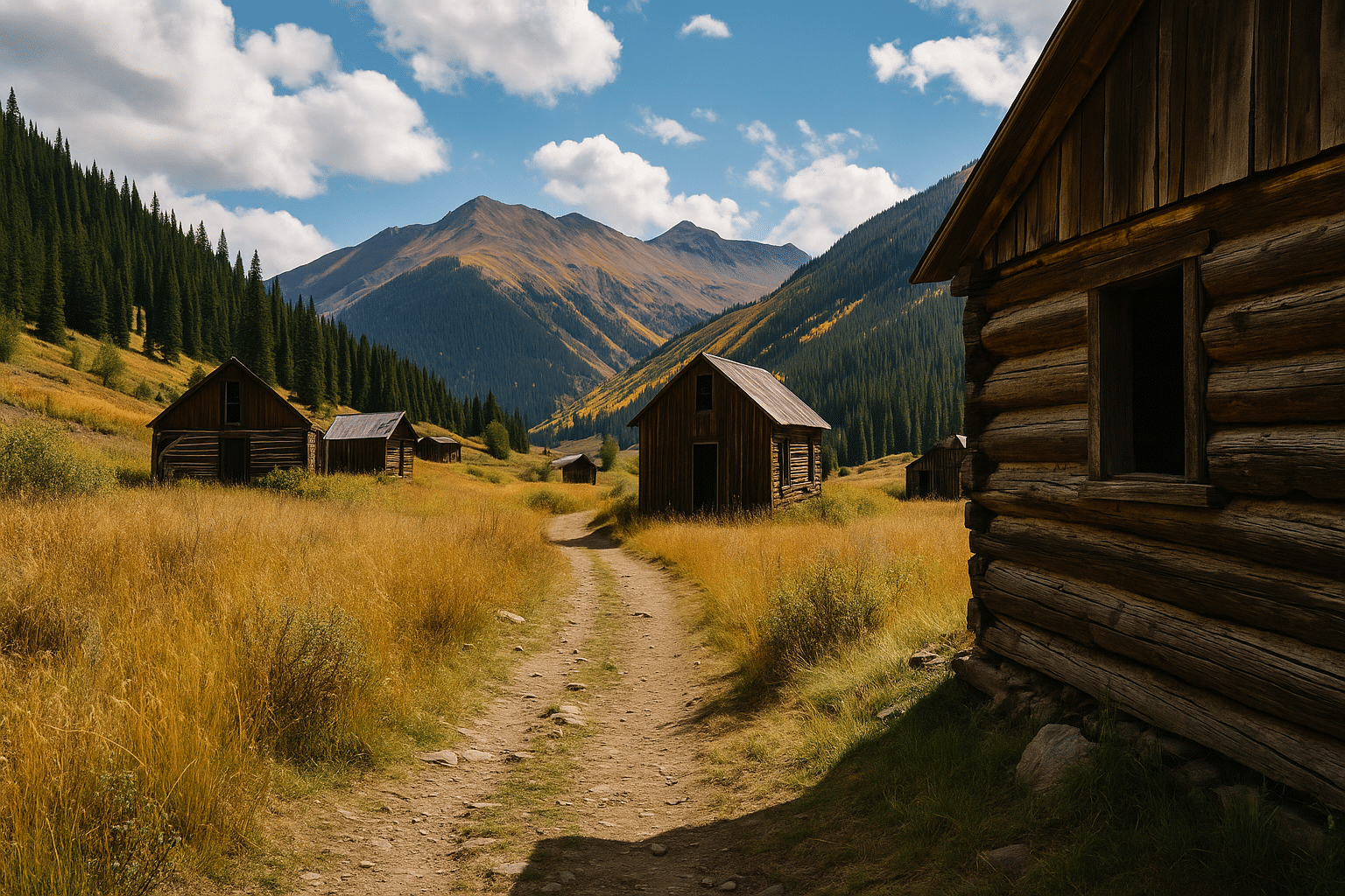 Abandoned wooden ghost town cabins scattered in a grassy valley, surrounded by tall pine forests and snow-capped mountains under a blue sky.