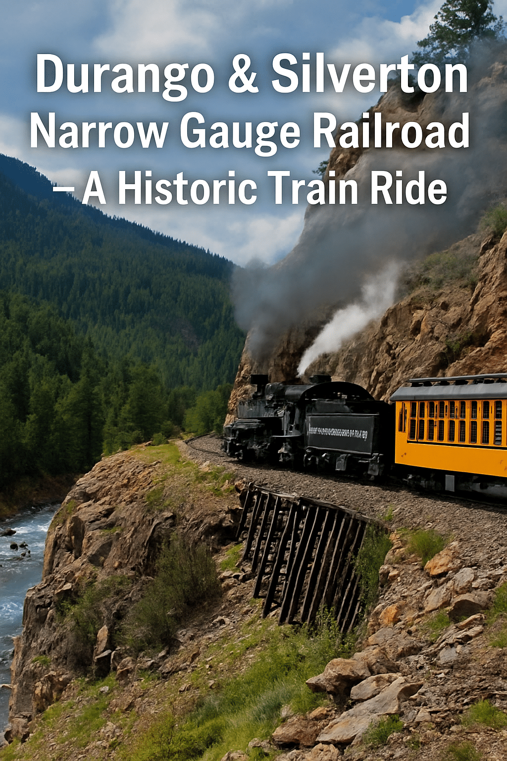 Durango & Silverton Narrow Gauge Railroad train traveling along a cliffside with steam rising above the Animas River.