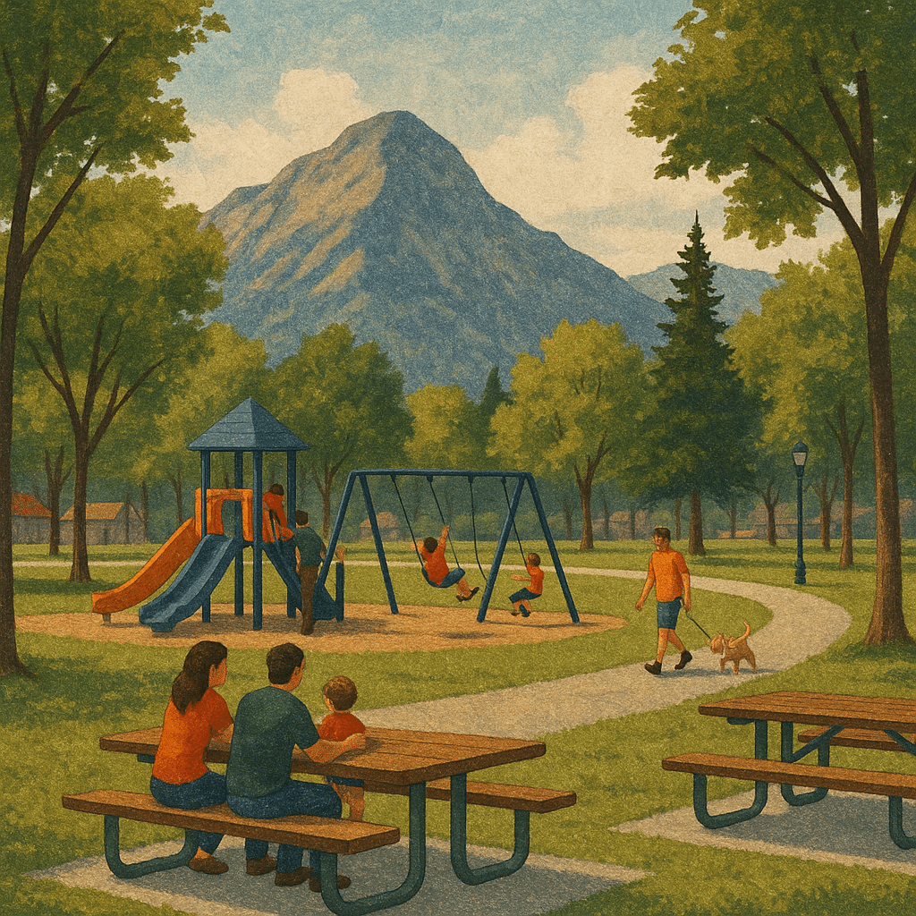 A textured illustration of Memorial Park with families at picnic tables, children playing on swings and a slide, a man walking a dog, and mountains rising in the background.