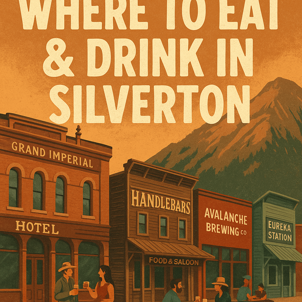 Vintage-style poster of Silverton, Colorado featuring restaurants, saloons, and breweries with a mountain backdrop and the text “Where to Eat & Drink in Silverton.”