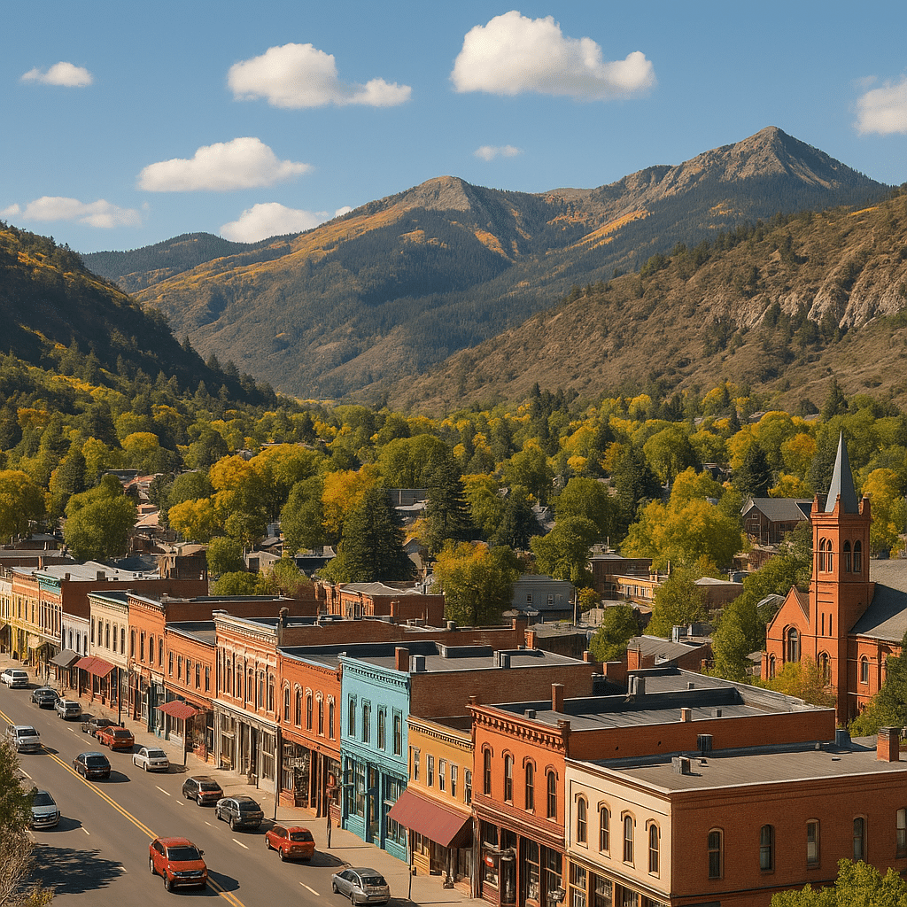 A panoramic view of downtown Durango, Colorado, with colorful historic buildings lining the main street, cars parked along the road, and forested mountains rising in the background under a clear blue sky.